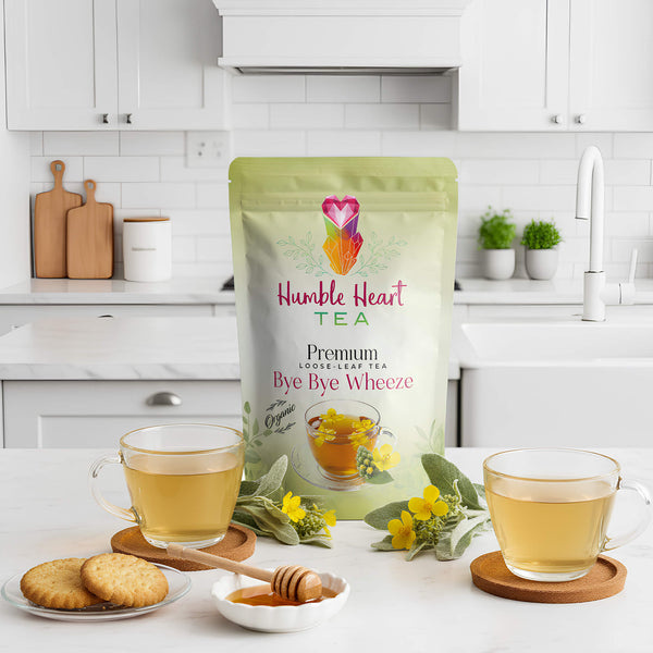 Bye Bye Wheeze herbal tea for respiratory support, organic mullein blend; soothing, anti-inflammatory, and lung-supportive