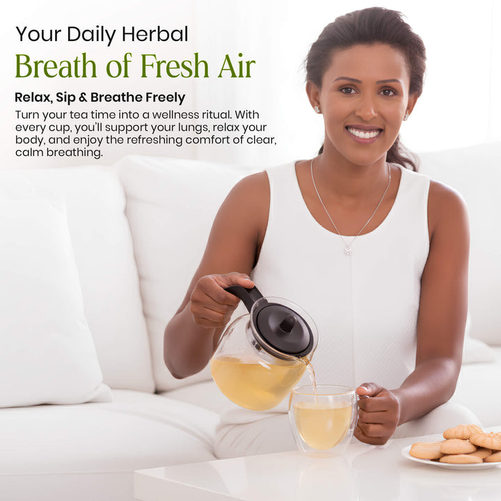 Bye Bye Wheeze herbal tea with organic mullein leaves; supports lung health, respiratory function, and clear breathing 