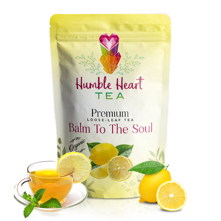 Organic lemon balm herbal tea for cold sore relief, stress relief, and sleep support in a calming loose leaf blend. 