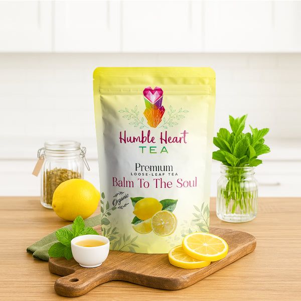 Organic lemon balm herbal tea with antiviral properties, calming loose leaf tea for stress, sleep, and cold sore support.