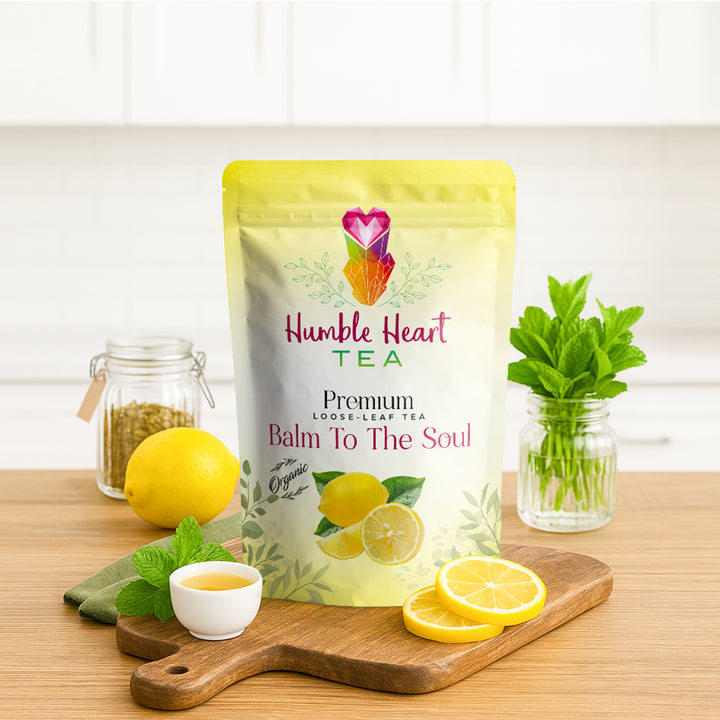 Organic lemon balm herbal tea with antiviral properties, calming loose leaf tea for stress, sleep, and cold sore support.