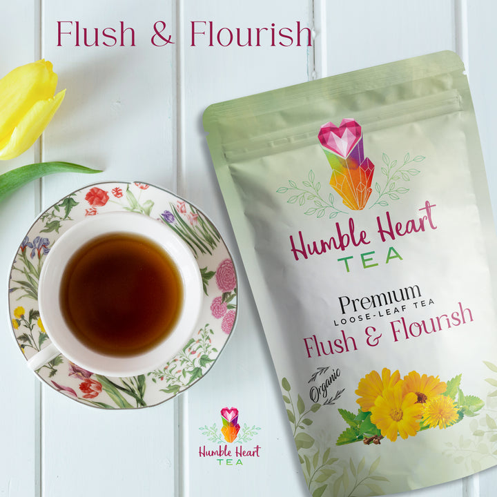 Fush and Flourish herbal tea with ginger, dandelion, red clover, calendula, echinacea, organic detox tea supporting lymphatic and immune health. 