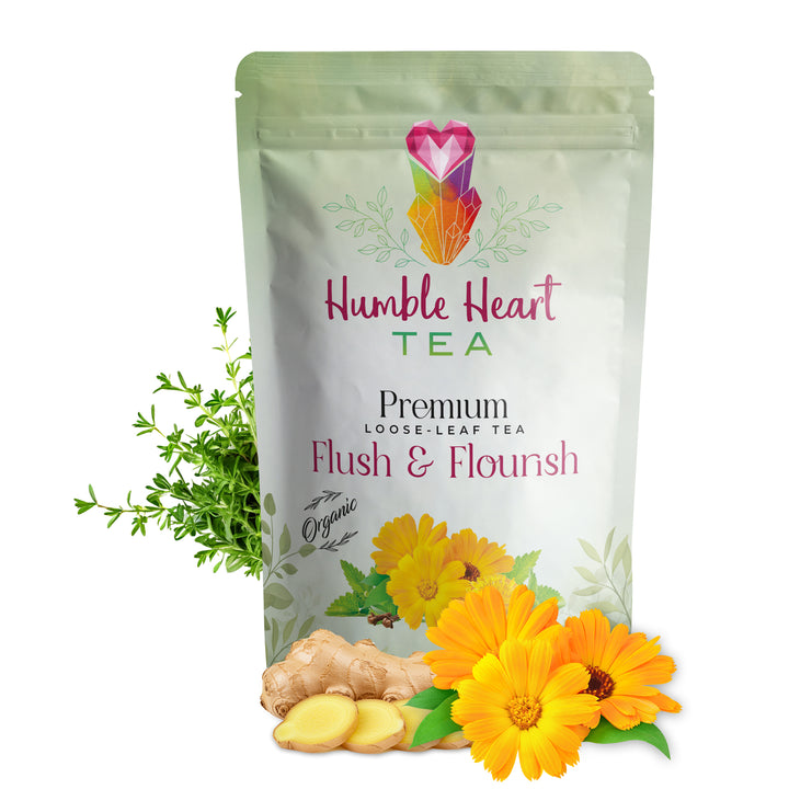 Fush and Flourish herbal tea with ginger, dandelion, red clover, calendula, echinacea, organic detox tea supporting lymphatic and immune health. 