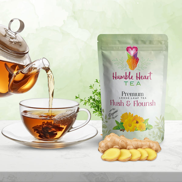 Fush and Flourish herbal tea with ginger, dandelion, red clover, calendula, echinacea, organic detox tea supporting lymphatic and immune health. 