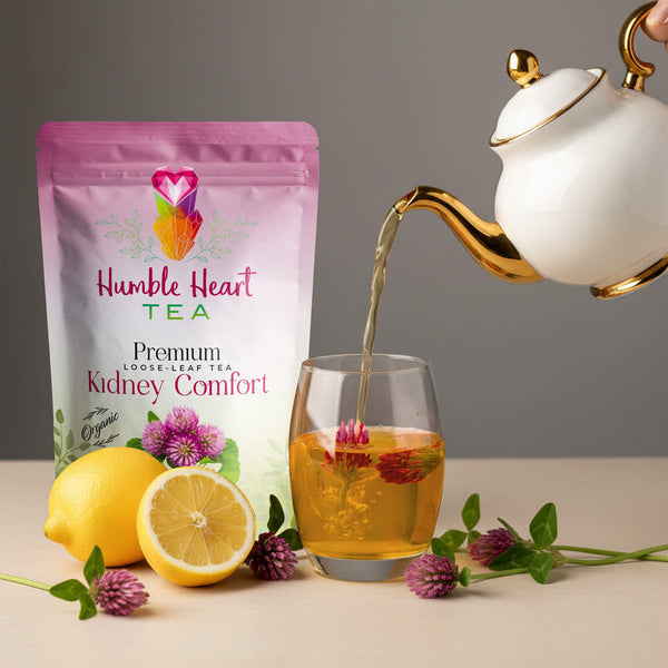 Kidney Comfort herbal tea with dandelion root, ginger, marshmallow root, gingko, burdock, and red clover, organic tea supporting kidney and urinary health