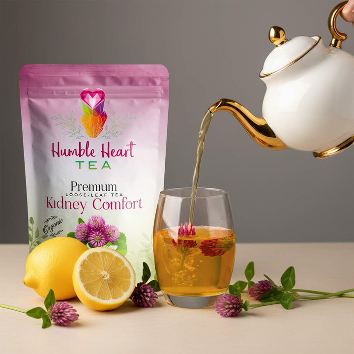 Kidney Comfort herbal tea with dandelion root, ginger, marshmallow root, gingko, burdock, and red clover, organic tea supporting kidney and urinary health