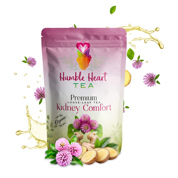 Kidney Comfort herbal tea with dandelion root, ginger, marshmallow root, gingko, burdock, and red clover, organic tea supporting kidney and urinary health