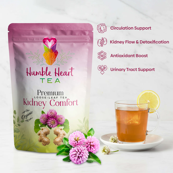 Kidney Comfort herbal tea with dandelion root, ginger, marshmallow root, gingko, burdock, and red clover, organic tea supporting kidney and urinary health