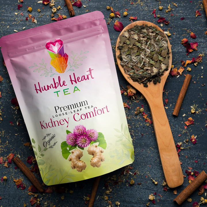 Kidney Comfort herbal tea with dandelion root, ginger, marshmallow root, gingko, burdock, and red clover, organic tea supporting kidney and urinary health